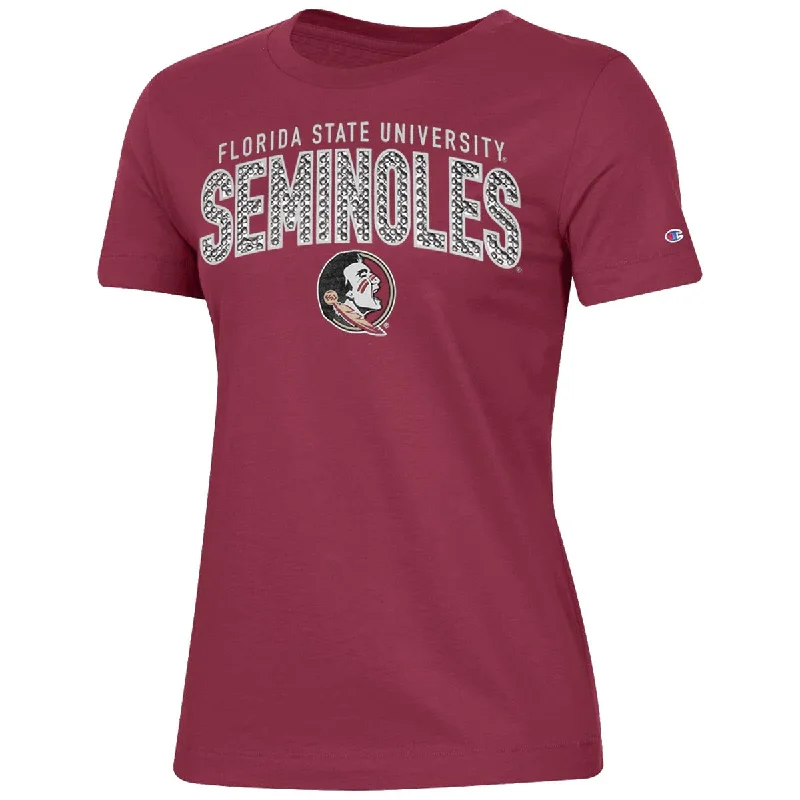 Champion Women's Seminoles Textured Metallic Print/Seminole Logo Design Short Sleeve T-shirt - Garnet