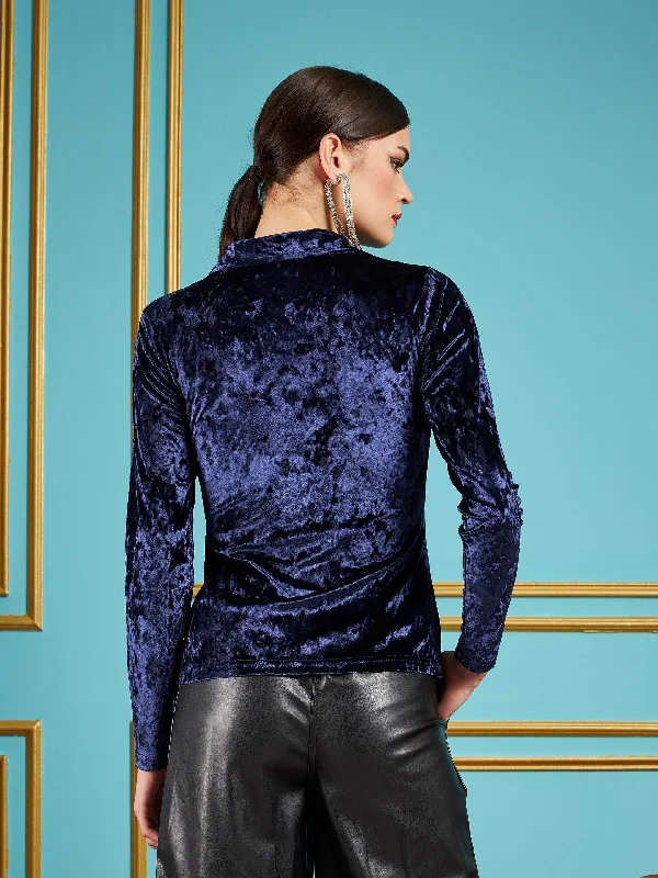 Women Navy Velvet Ruched Shirt