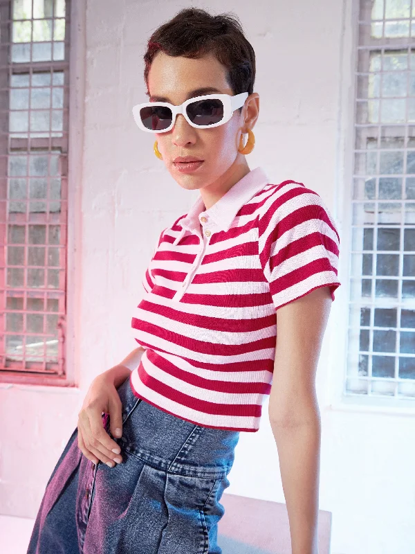 Women Red & Pink Stripes Crop Polo T-Shirt