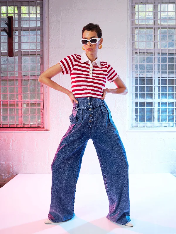 Women Red & Pink Stripes Crop Polo T-Shirt