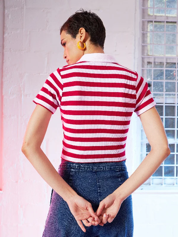 Women Red & Pink Stripes Crop Polo T-Shirt