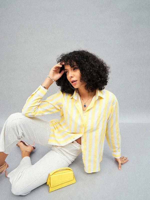 Women Yellow & White Cotton Striped Regular Shirt