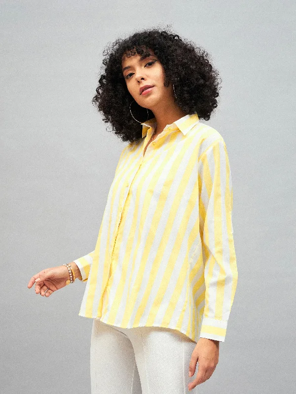 Women Yellow & White Cotton Striped Regular Shirt