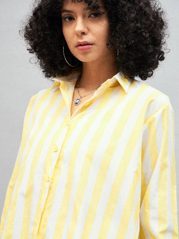 Women Yellow & White Cotton Striped Regular Shirt