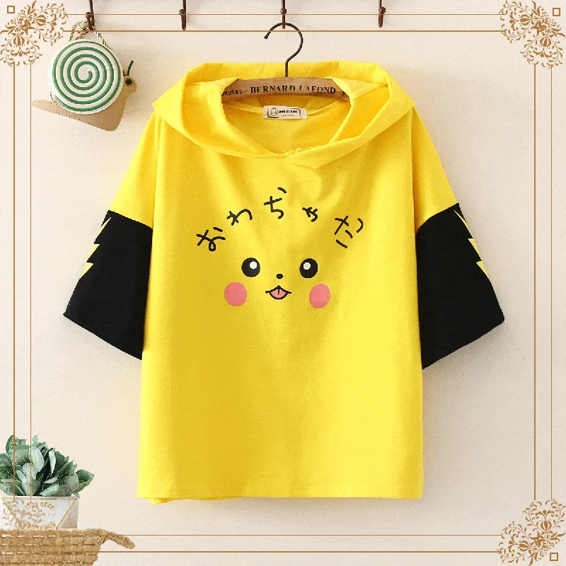 Women's Harajuku Pikachu Printed Contrast Color Sleeved Hooded Shirts