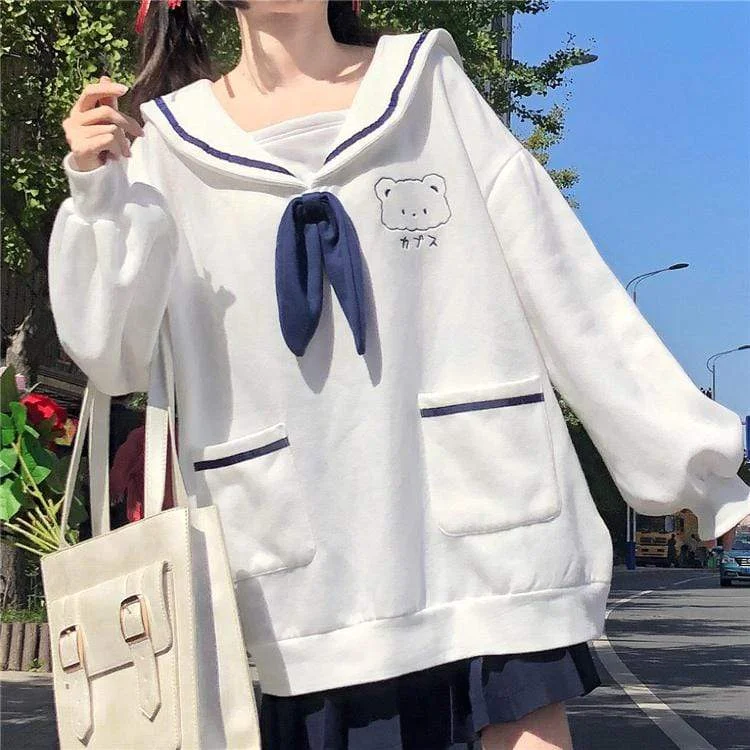 Women's Kawaii Contrast Color Sailor Collar Back Bear Sweaters