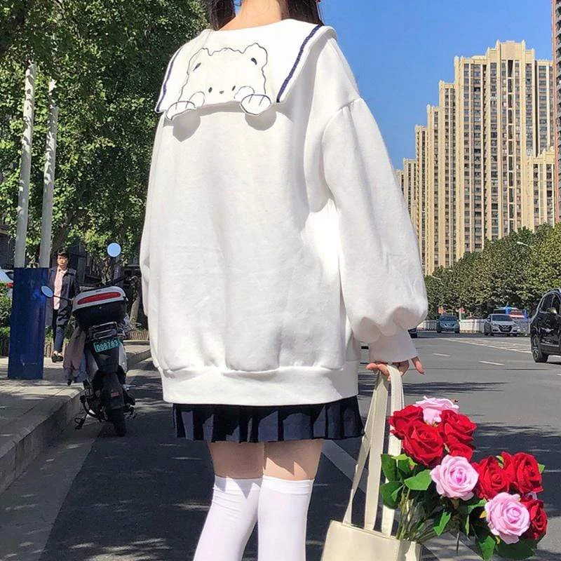 Women's Kawaii Contrast Color Sailor Collar Back Bear Sweaters