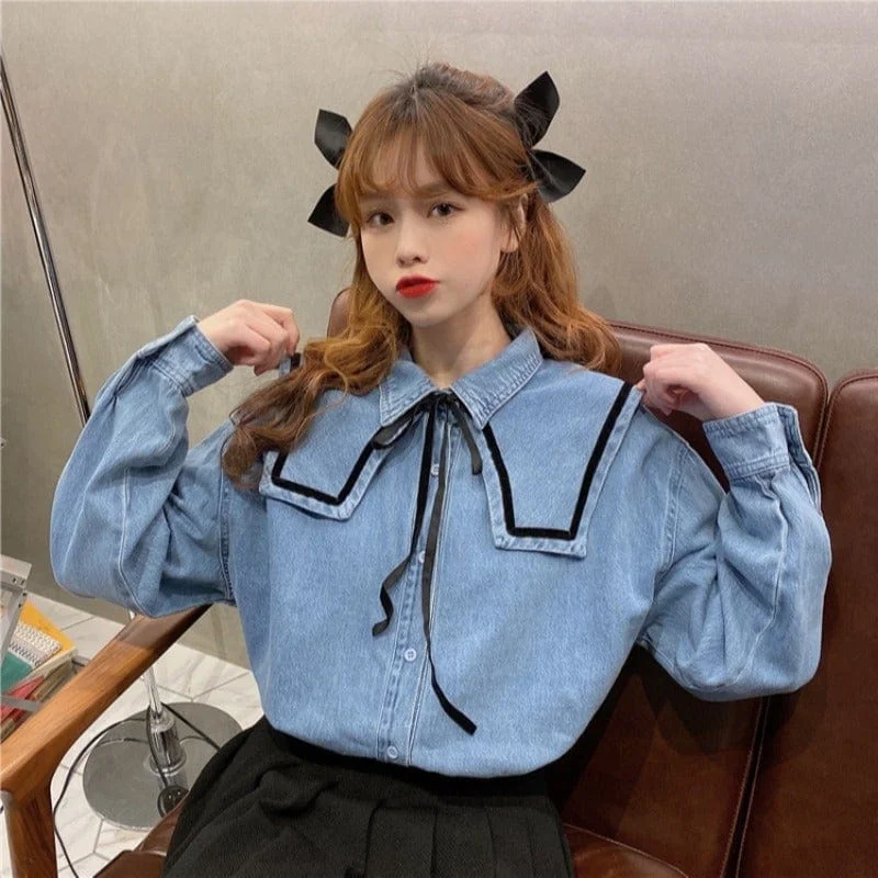 Women's Kawaii Doll Collar Bowknot Denim Shirt