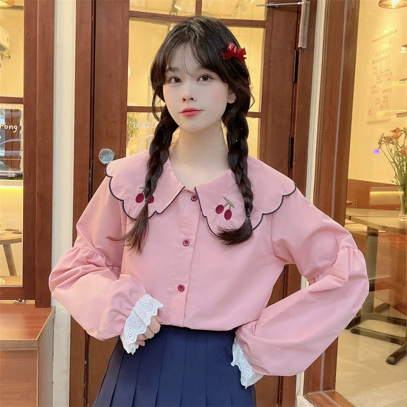 Women's Kawaii Doll Collar Cherry Embroidered Shirt