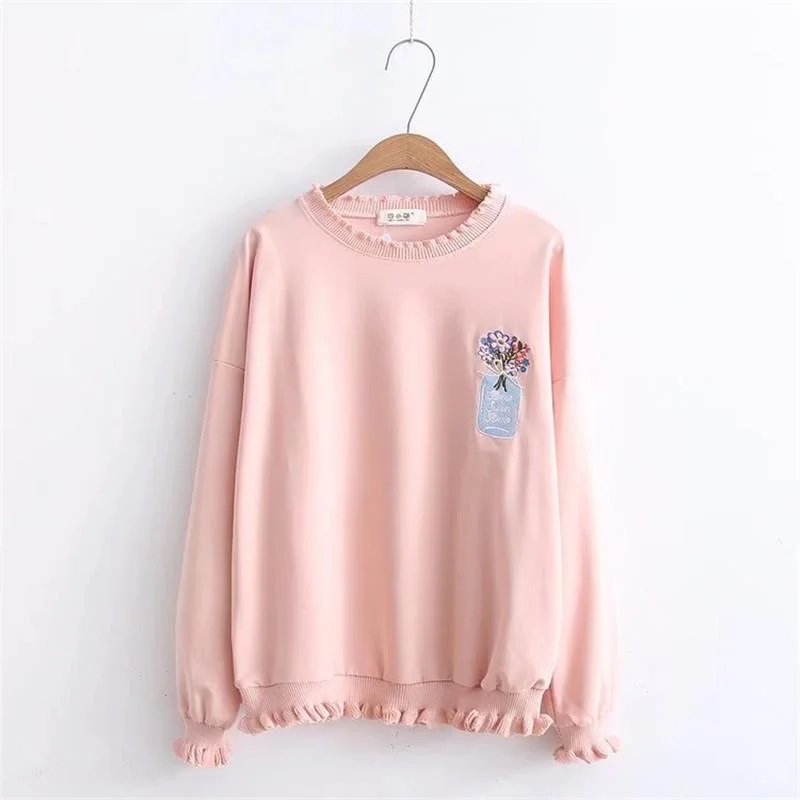 Women's Kawaii Floral Embroidered Pure Color Loose Sweaters 