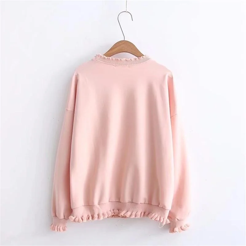 Women's Kawaii Floral Embroidered Pure Color Loose Sweaters 