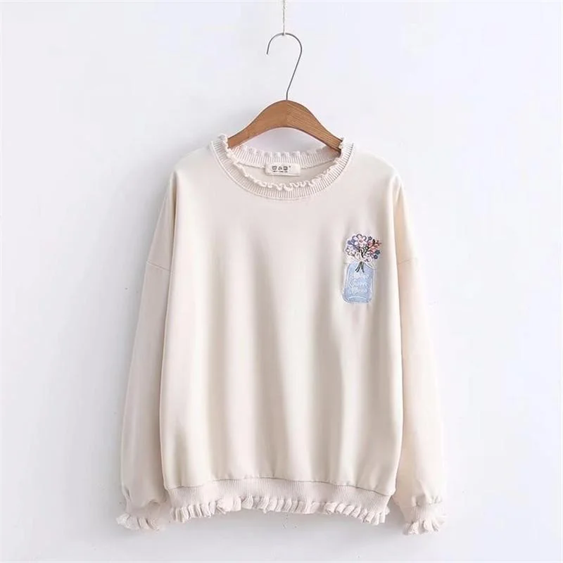 Women's Kawaii Floral Embroidered Pure Color Loose Sweaters 