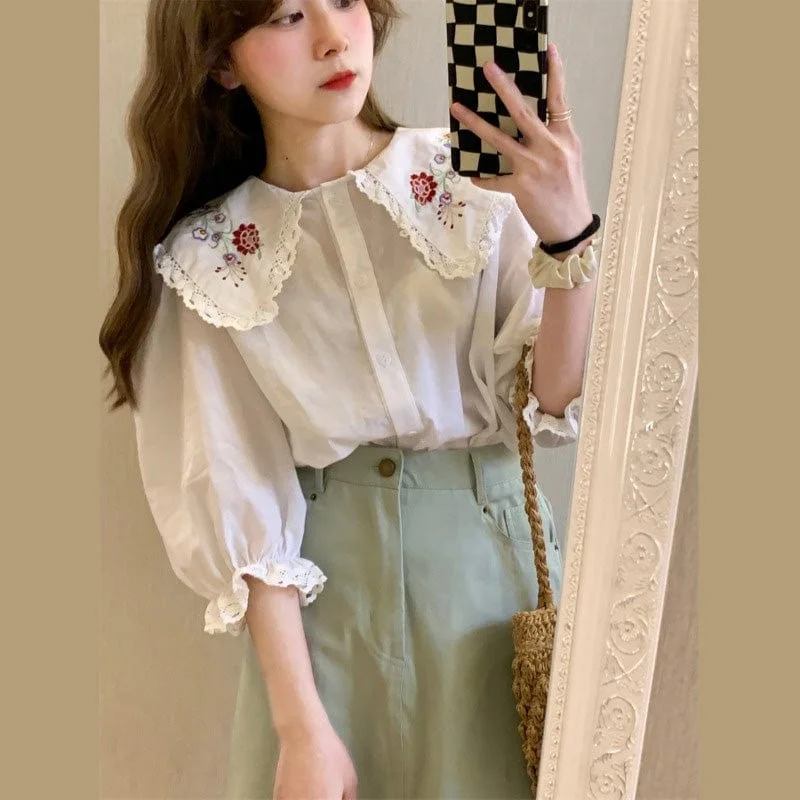 Women's Kawaii Floral Embroidery Peter Pan Collar Puff Sleeved Shirt