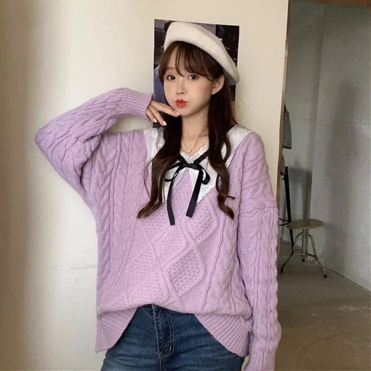 Women's Kawaii Lace-up Pure Color Sweaters With Bowknot Collar 