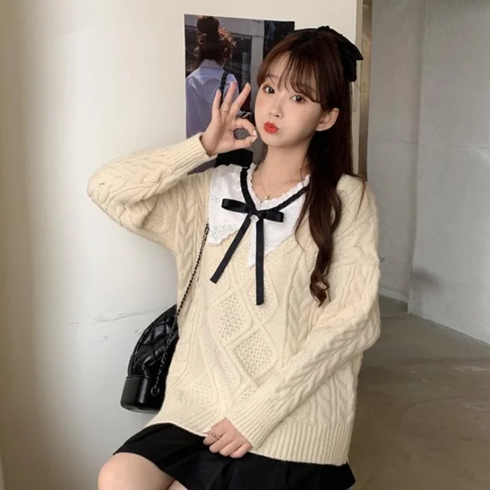 Women's Kawaii Lace-up Pure Color Sweaters With Bowknot Collar 