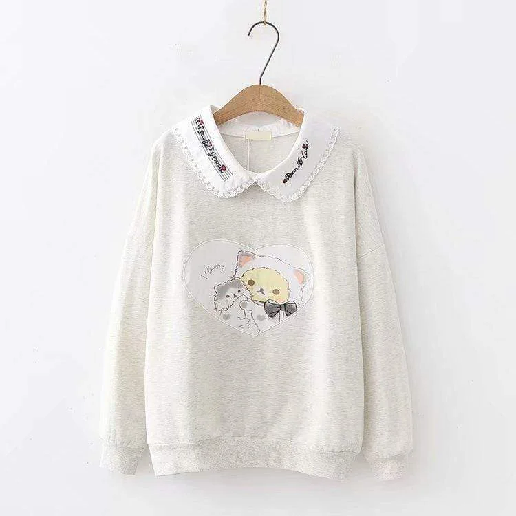 Women's Kawaii Rilakkuma Printed Loose Sweaters Splicing English Embroidered Collar Shirts