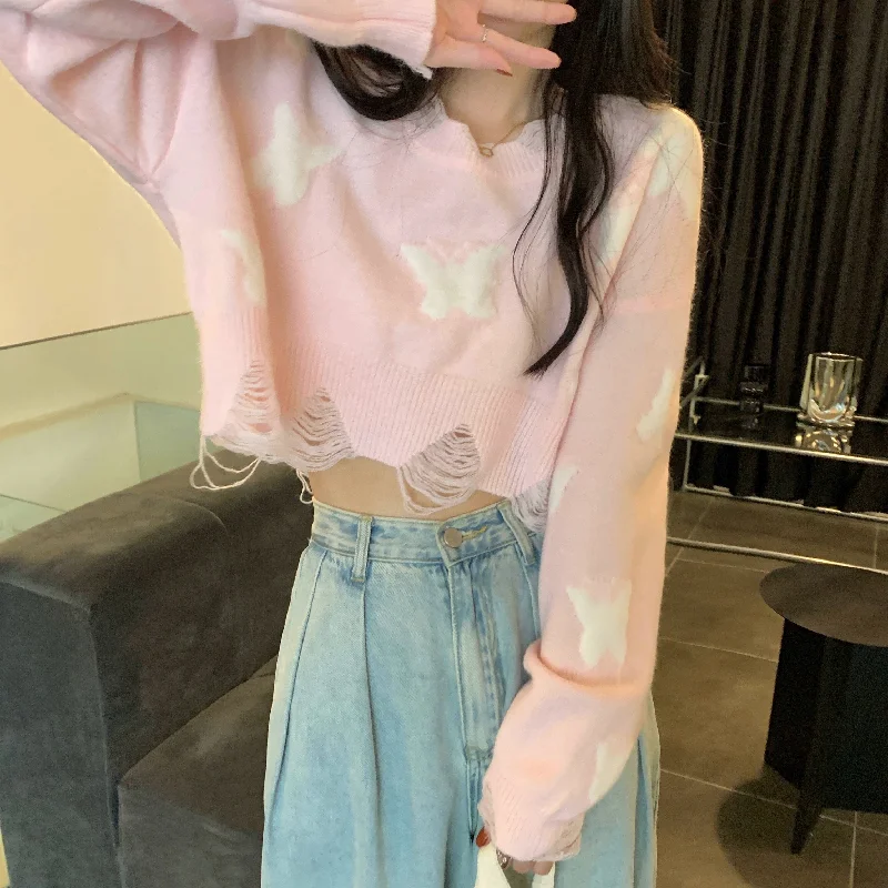 Women's Kawaii Ripped Butterfly Knitted Sweater