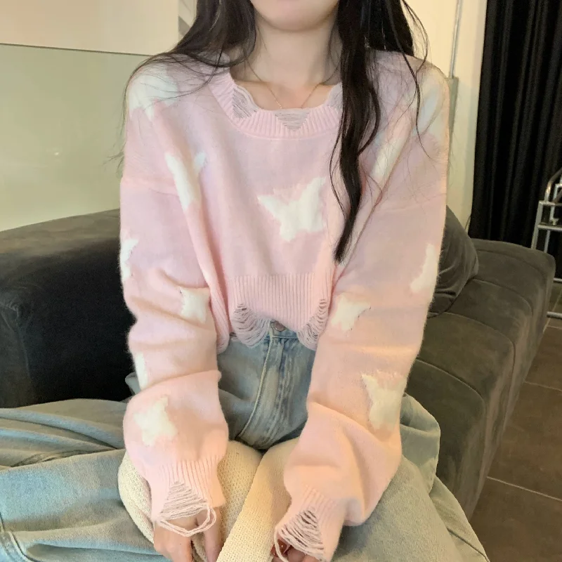 Women's Kawaii Ripped Butterfly Knitted Sweater