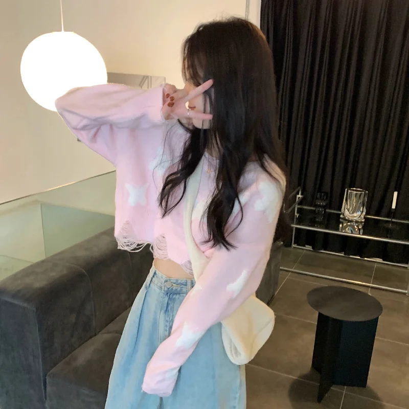 Women's Kawaii Ripped Butterfly Knitted Sweater