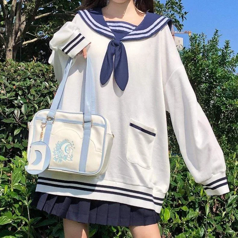 Women's Kawaii Sailor Collar Loose Sweaters With Tie