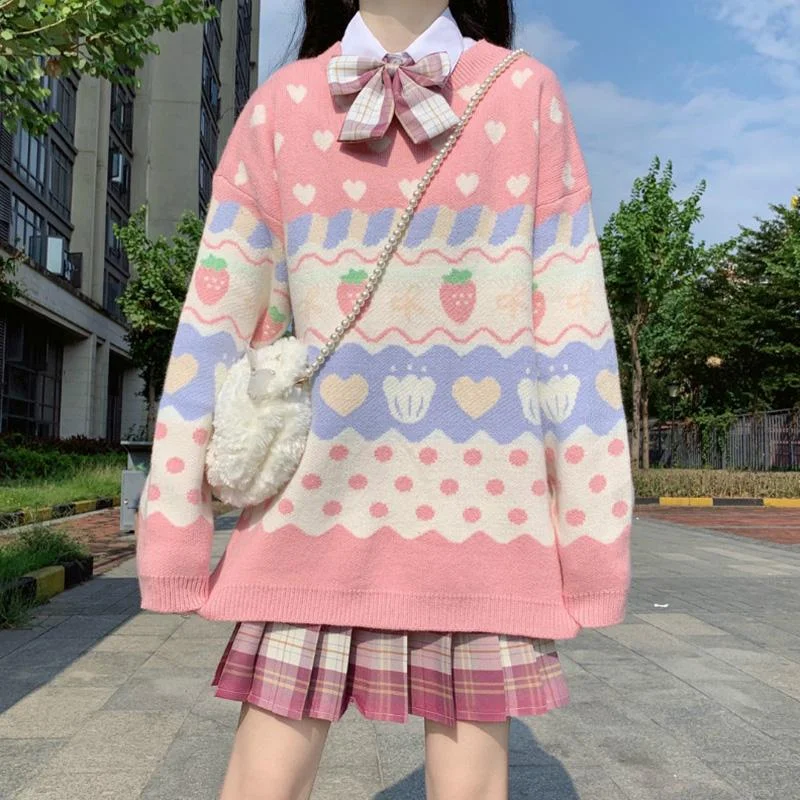 Women's Kawaii Strawberry Heart Floral Striped Sweaters