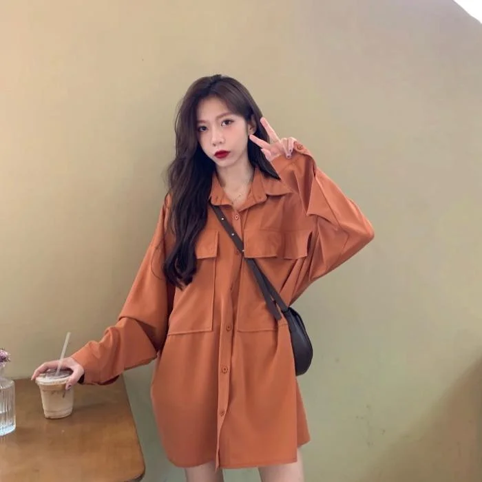 Women's Korean Fashion Long Shirts With Two Big Pockets