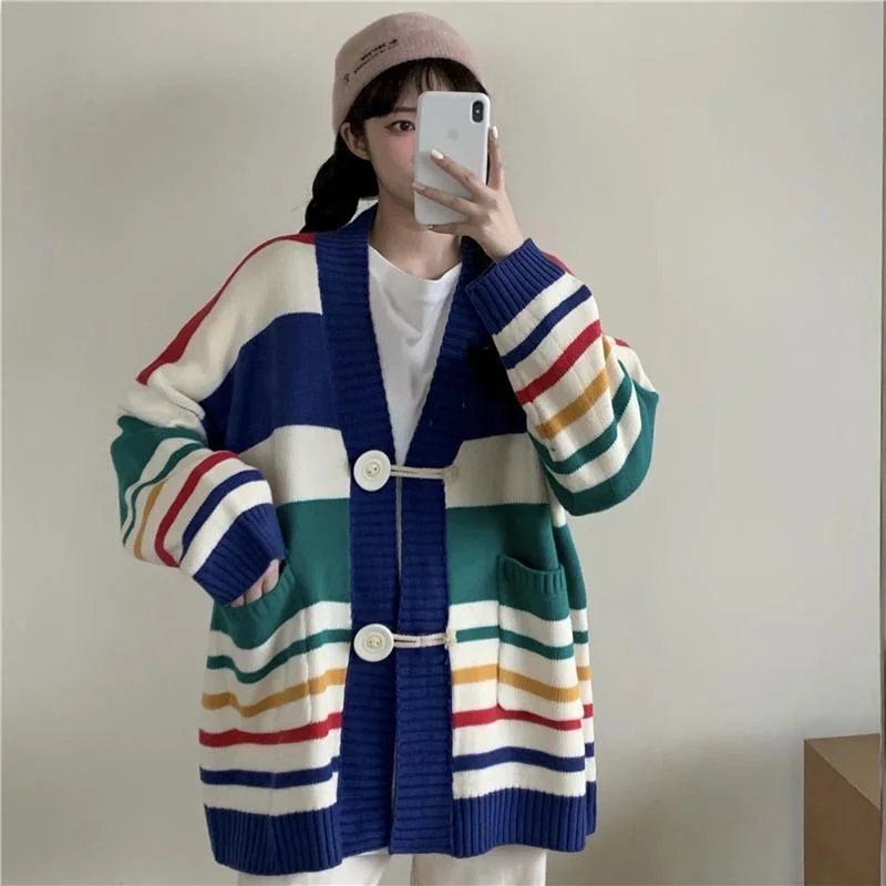 Women's Korean Fashion Single-breasted Striped Cardigans