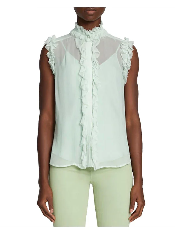 Womens Sheer V Neck Button-Down Top