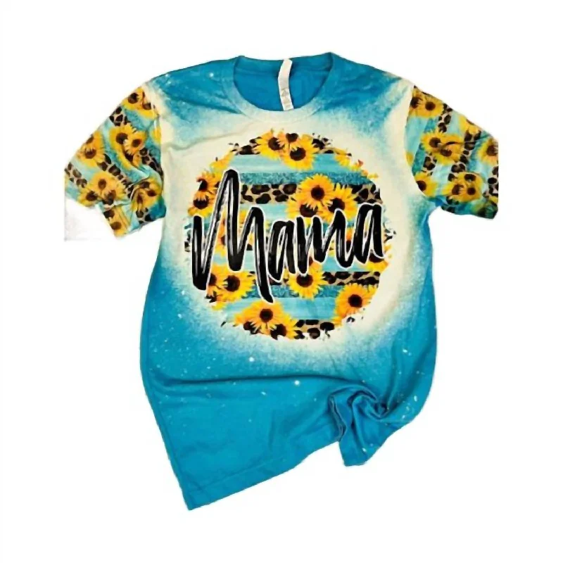 Women's Sunflower And Leopard Mama Bleached Tee With Matching Sleeves In Turquoise