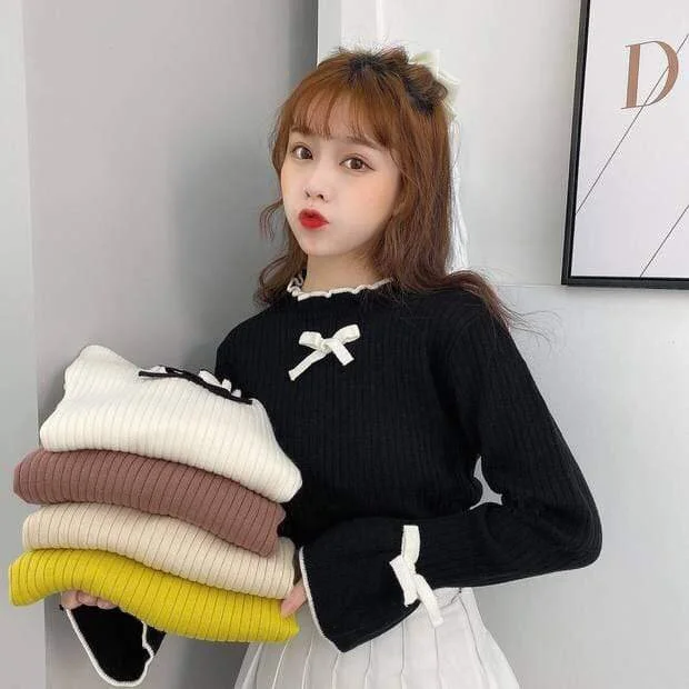 Women's Sweet Bowknot Ribbed Flare Sleeve Sweaters