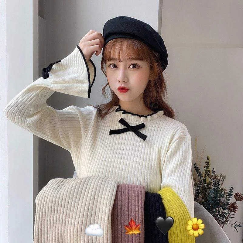 Women's Sweet Bowknot Ribbed Flare Sleeve Sweaters