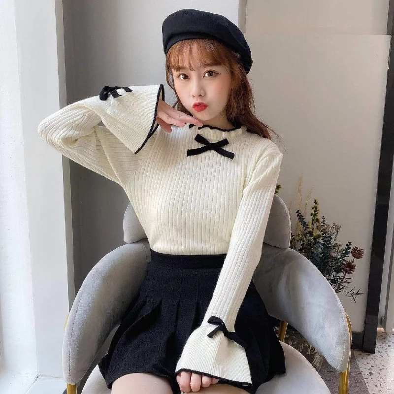 Women's Sweet Bowknot Ribbed Flare Sleeve Sweaters