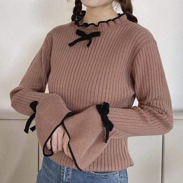 Women's Sweet Bowknot Ribbed Flare Sleeve Sweaters