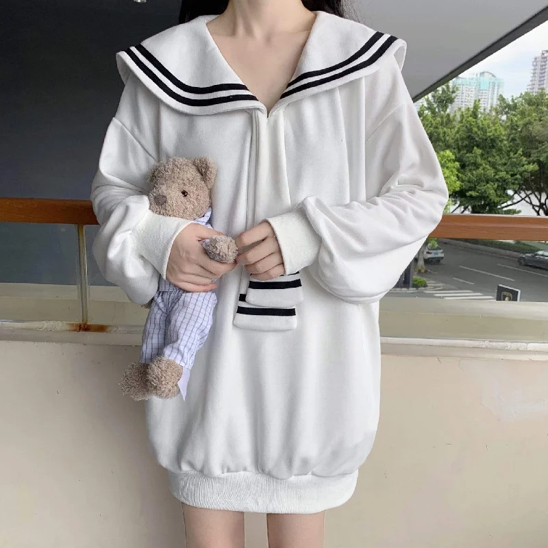 Women's Sweet Contrast Color Sailor Collar Long Sweaters With Stripe Tie