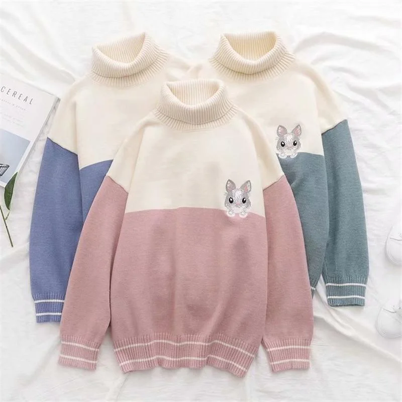 Women's Sweet Contrast Color Turn Collar Little Bunny Loose Sweaters