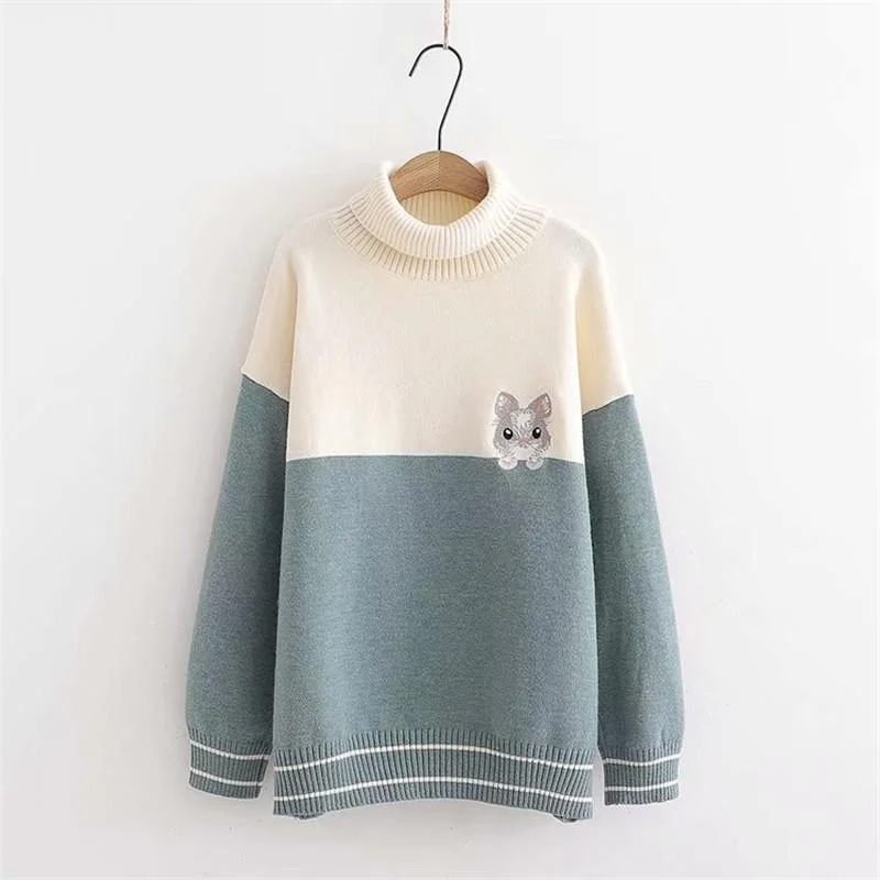 Women's Sweet Contrast Color Turn Collar Little Bunny Loose Sweaters