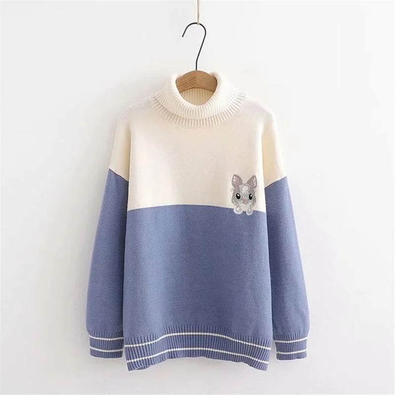 Women's Sweet Contrast Color Turn Collar Little Bunny Loose Sweaters