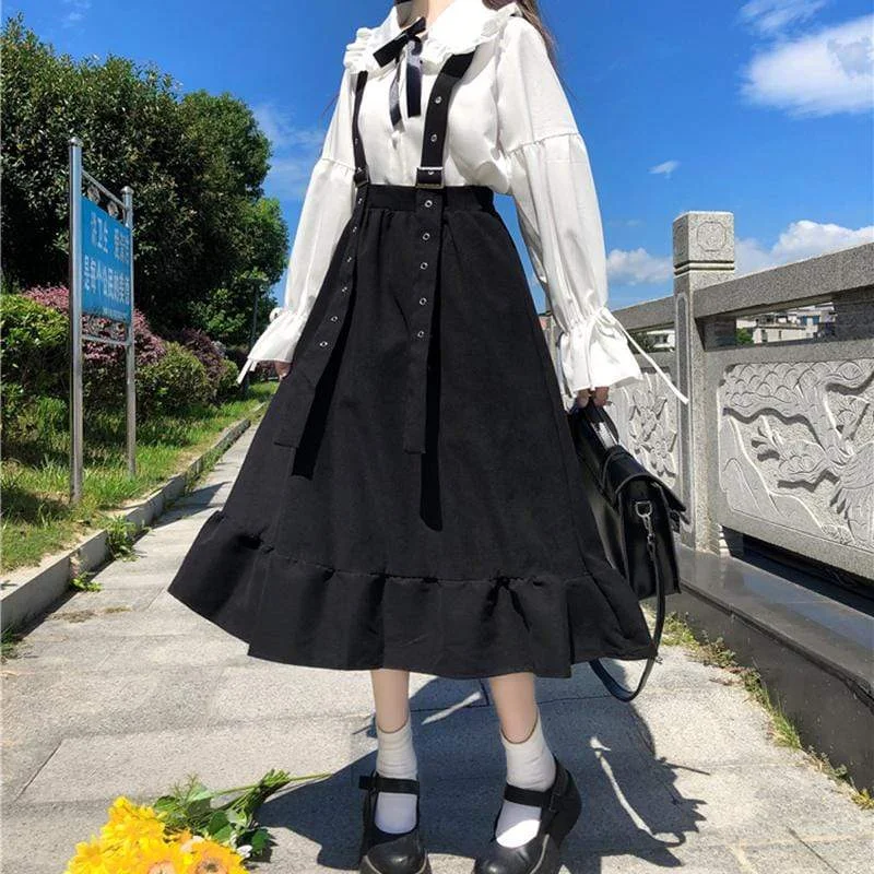 Women's Vintage Peter Pan Collar Shirts With Bowknot And A-line Overall Skirts